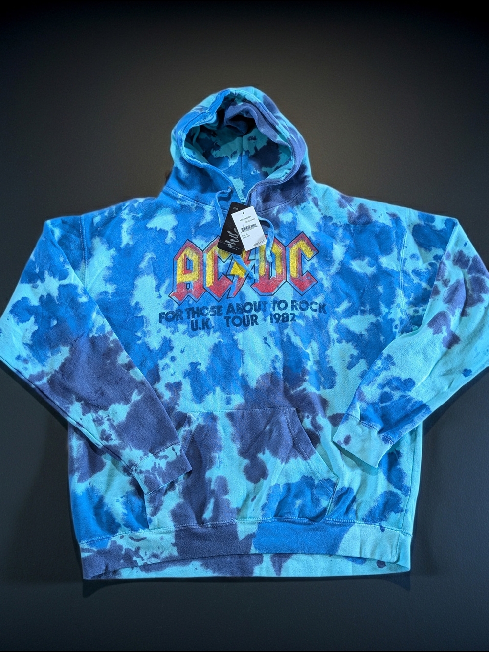 AC/DC For Those About To Rock UK Tour‎ Blue Tie Dye Pullover Hoodie Men's XL